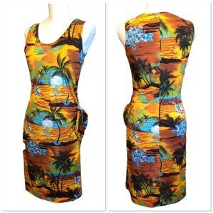 Vintage Hawaiian Tropical Print Dress Size M faux wrap tie sleeveless Made USA